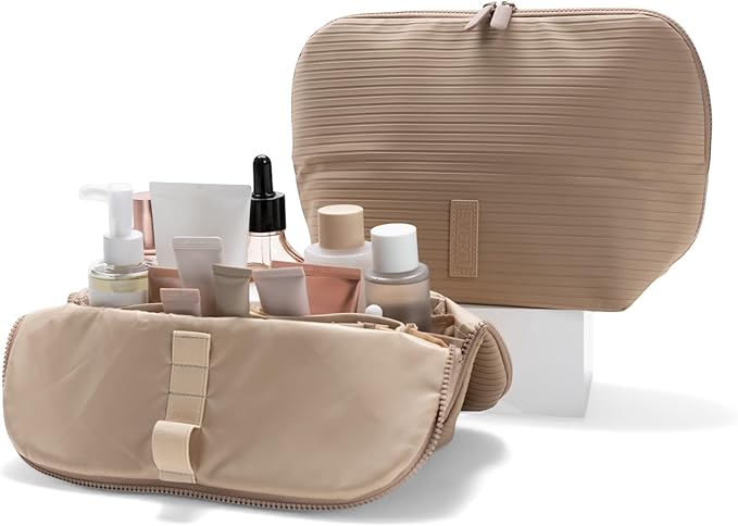 THE VERTI-Vertical Waterproof Makeup & Toiletry Bag | 23-Pocket Organizer with Upright, Fold-Down Design for Skincare, Toiletries & Essentials (Sandstone)
