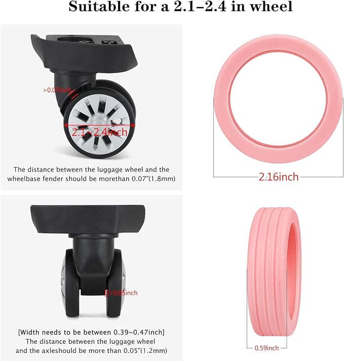 Pink Silicone Luggage Wheel Covers, 8 Pack, Noise Reducing, Wear-Resistant, Compatible with Most Standard Luggage Models, 2 Inch Wheel Size