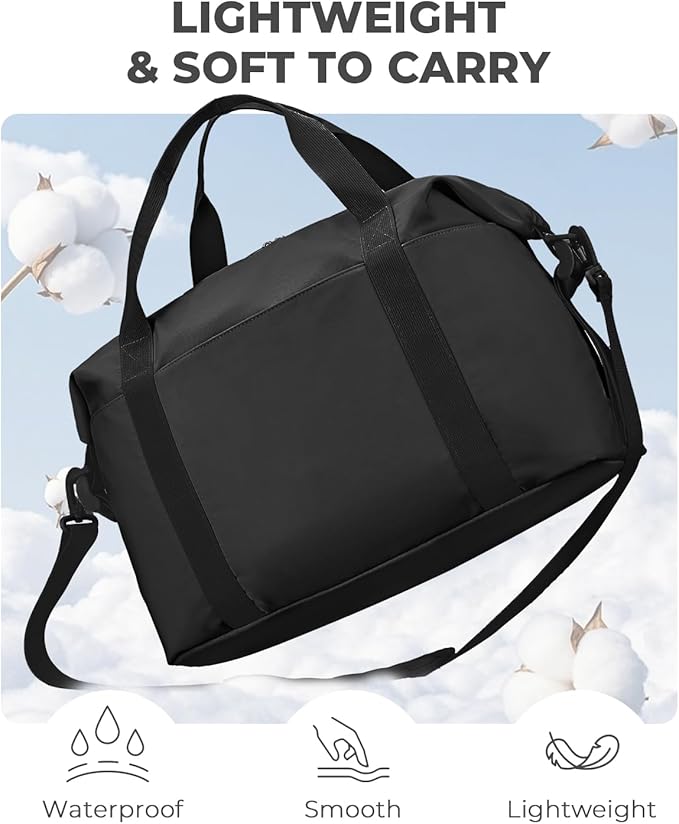 Percover Weekender Travel Duffel Bag for Women, Lightweight Soft-Structure 33L Carry-On, Water-Resistant Nylon with Shoulder Strap & Trolley Sleeve, Personal Item Friendly, Midnight Black