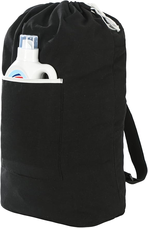 Canvas Laundry bag, Washable Laundry backpack, Adjustable Straps, Large Front Pocket, Drawstring Closure (BLACK, XX-Large)
