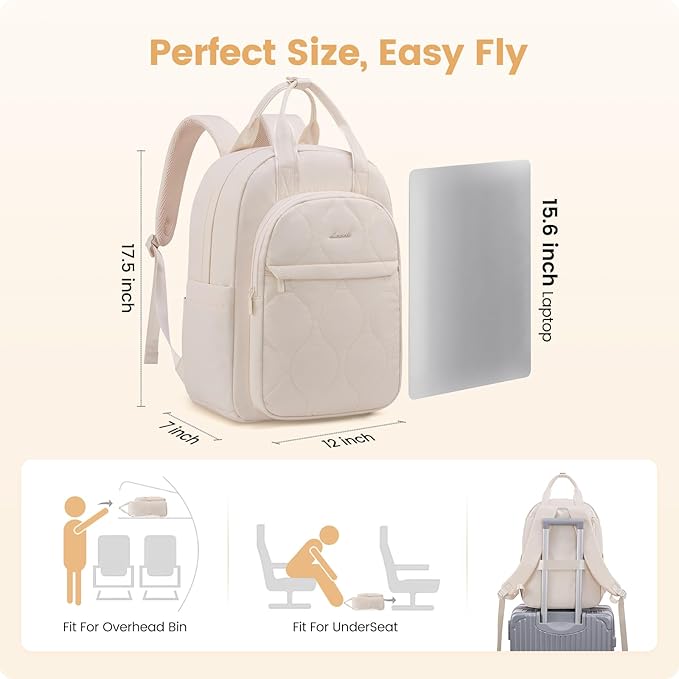 LOVEVOOK Laptop Backpack for Women, College Travel Backpack Puffer Womens Backpack for 15.6 Inch Laptop, Computer Water-Resistant Quilted Casual Daypack, Beige