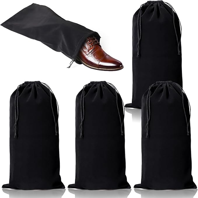 hoe Dust Bags, 4 Pack Black Duster Flannel Single Shoe Pouch with Drawstring Closure, 8x17" Shoe Bags for Travel, Home, Luggage, Handbags, Accessories, Men, and Women