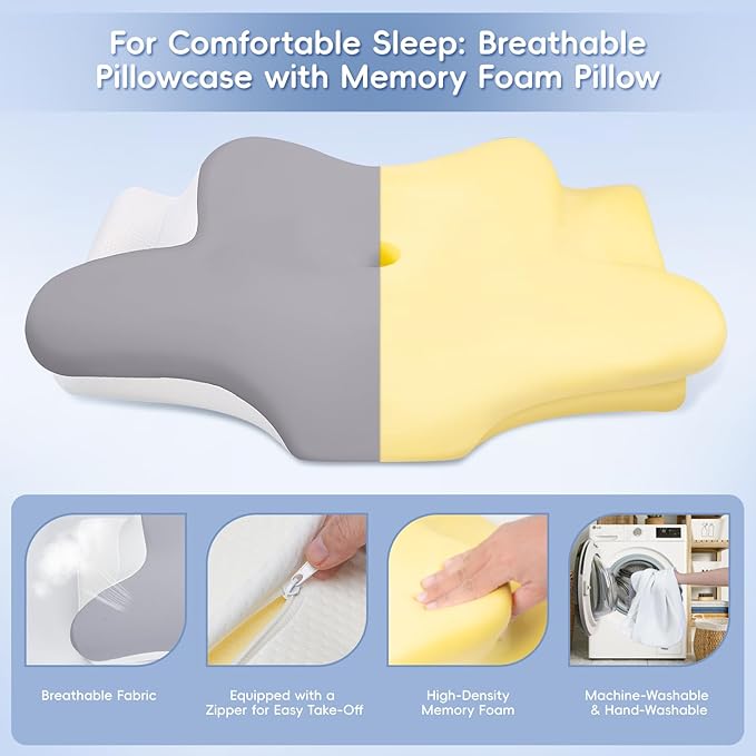 Cervical Neck Pillow, Memory Foam Pillows for Neck & Shoulder Pain Relief, 2 Heights Ergonomic Pillow with Breathable Ice Silk Cover, Neck Support Pillow for Stomach Sleepers White