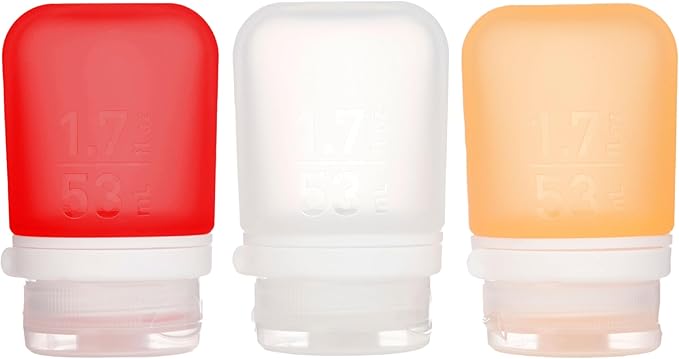 humangear GoToob+ Refillable Silicone Travel Size Bottles with Locking Cap for Women, Men, Toiletries, Beauty, Cosmetics, 3pk Set, Small (1.7oz), Clear/Red/Orange,HG3182