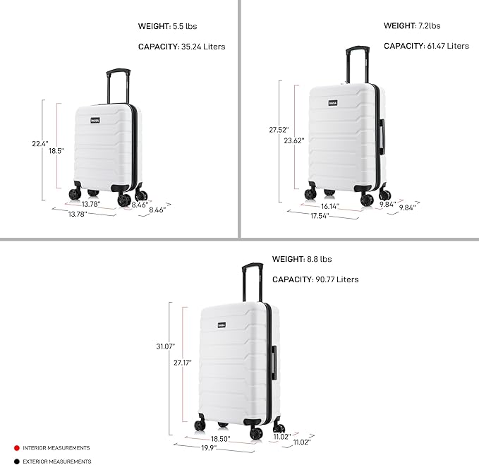 InUSA TREND Luggage with Spinner Wheels | Durable Lightweight Hardshell Suitcase,Travel sets with Handle and Trolley | (20in, 24in, 28in) 3 Piece Set | White