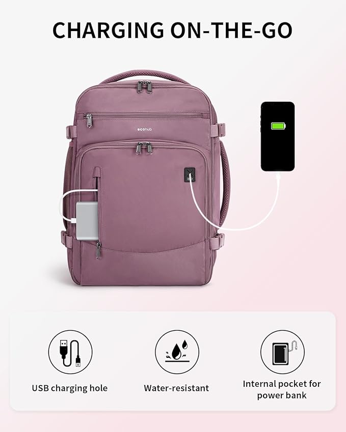 ECOHUB Travel Backpack for Women, 18x14x8 Spirit Airlines Personal Item Bag with Clear Toiletry Bag, Laptop Carry on Backpack with USB Port, Airline Approved Under Seat 14 Pockets 30L, Pink