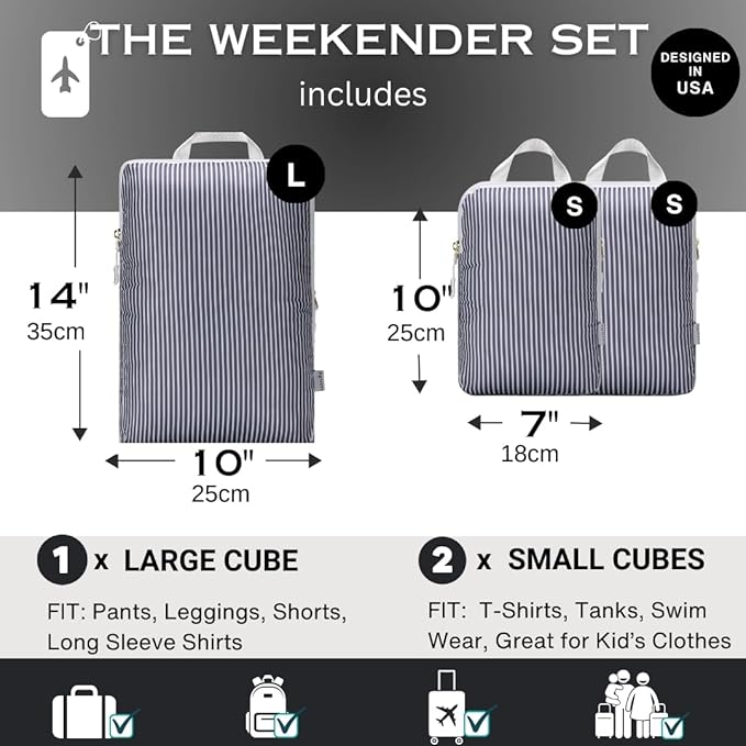 Packing Cubes Luggage Organizer Bags for Suitcase & Backpack, Compression Packing Cubes for Travel, Lightweight Luggage Organizers, Travel Cubes for Packing, Vacation Essentials, 3pc Set - Grey Stripe