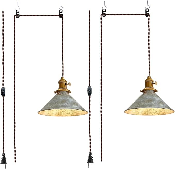 Plug in Pendant Light, 8.2 Inch Silver Pendant Light Fixtures On/Off Switch, Adjustable 13Ft Light Cord Hanging Pendant Light for Kitchen Bedroom Restaurant 2 Pack