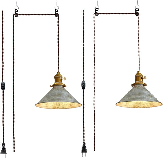 Plug in Pendant Light, 8.2 Inch Silver Pendant Light Fixtures On/Off Switch, Adjustable 13Ft Light Cord Hanging Pendant Light for Kitchen Bedroom Restaurant 2 Pack