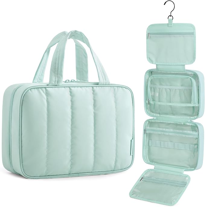 BAGSMART Travel Toiletry Bag for women, Portable Hanging Hook Makeup Bag Organizer, Waterproof Makeup Cosmetic Bag, for Full-Size Accessories, Toiletries,Baby Blue