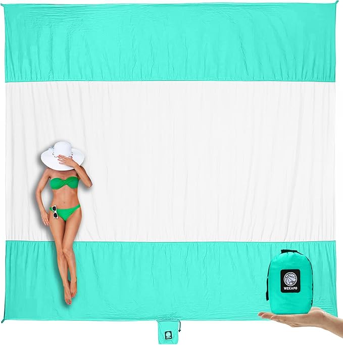 WEKAPO Beach Blanket Sandproof Waterproof, Extra Large Beach Mat, Oversized & Compact Sand Free, Quick Drying Beach Essentials for Vacation, Cruise, Picnic & Camping with Stakes