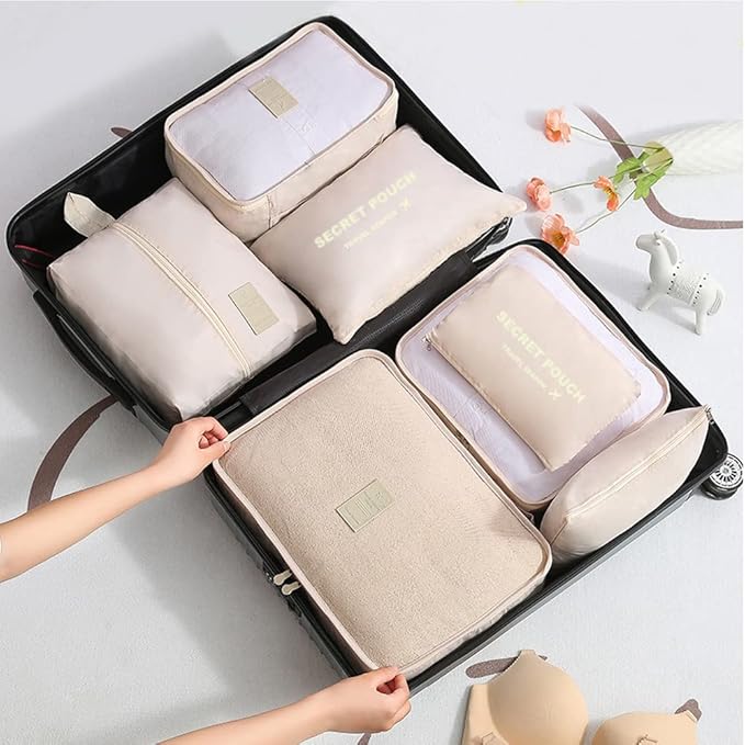 7 Set Packing Cubes, Packing Organizers Travel Foldable Luggage Organizers Storage Bag Accessories for Suitcase with Laundry Bag & Shoe Bag, Beige