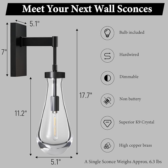 Raindrop Brass Crystal Wall Sconce: Modern Black Clear Solid Bathroom Light | Luxury Indoor Light Fixtures with Bulbs, Dimmable Vanity Sconces for Bedroom Living Room Hallway Bedside Lighting