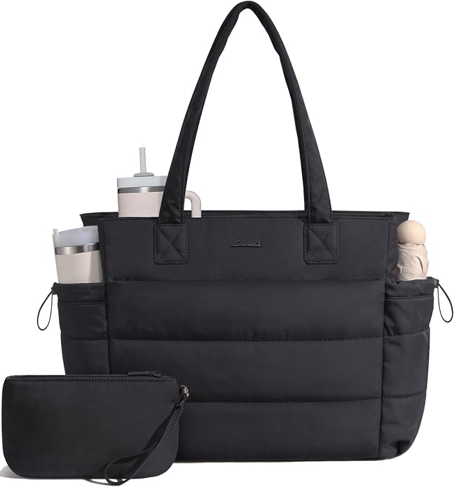 LOVEVOOK Tote Bag for Women with Giant Tumbler Holder Pocket, Puffer Work Travel Laptop Handbag with Zipper for Nurse Teacher