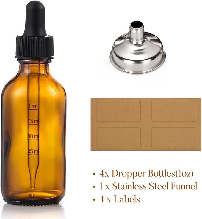 4 Pack 1 oz Glass Dropper Bottles with Measured Dropper - 30ml Dark Amber Tincture Bottles with Graduated Calibrated Glass Eye Droppers (1ml) for Essential Oils, Liquids - Leakproof Travel Bottles