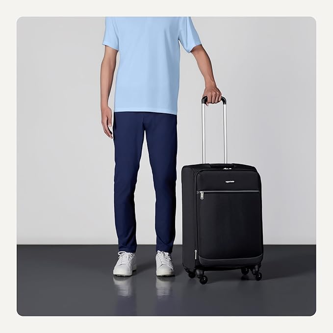 Amazon Basics 23" Medium Checked Softside Luggage Suitcase with Spinner Wheels, Expandable Space, Zippered Pockets, Telescopic Handle, Black