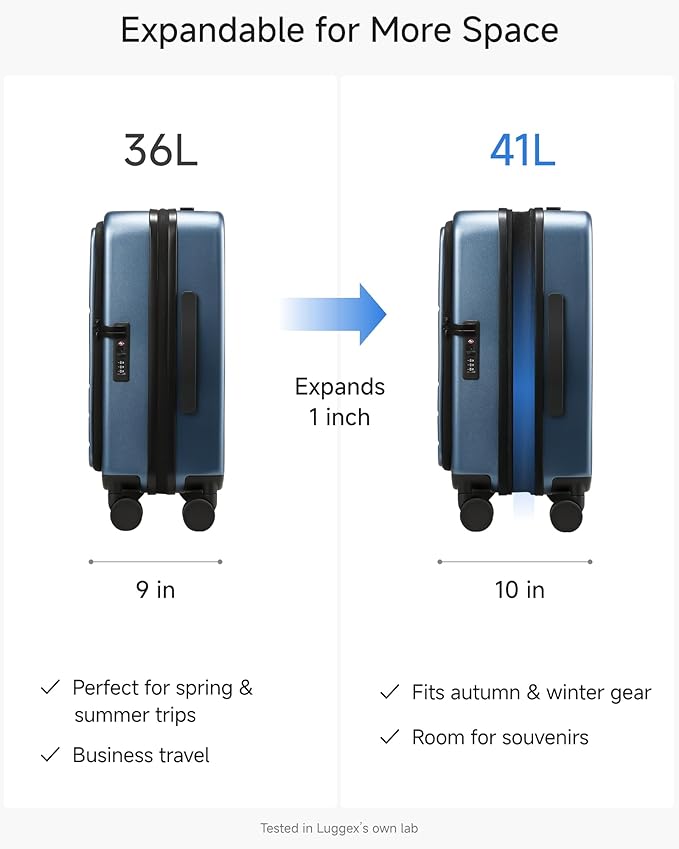 LUGGEX Carry On Luggage Top Opening, FLT Expandable Polycarbonate Hard Shell Suitcase with Wheels (FX-Lite, Blue, 20 Inch, 36L-41L)