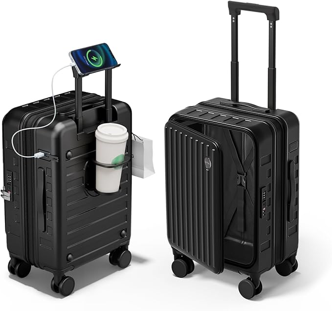 Expandable Lightweight PC Hard Shell Suitcase, 20-inch Carry On Luggage with TSA Lock, 360 Silent Spinner Wheels, Top Opening & Cup Holder - Ideal for Business Travel Suitcase (Black)
