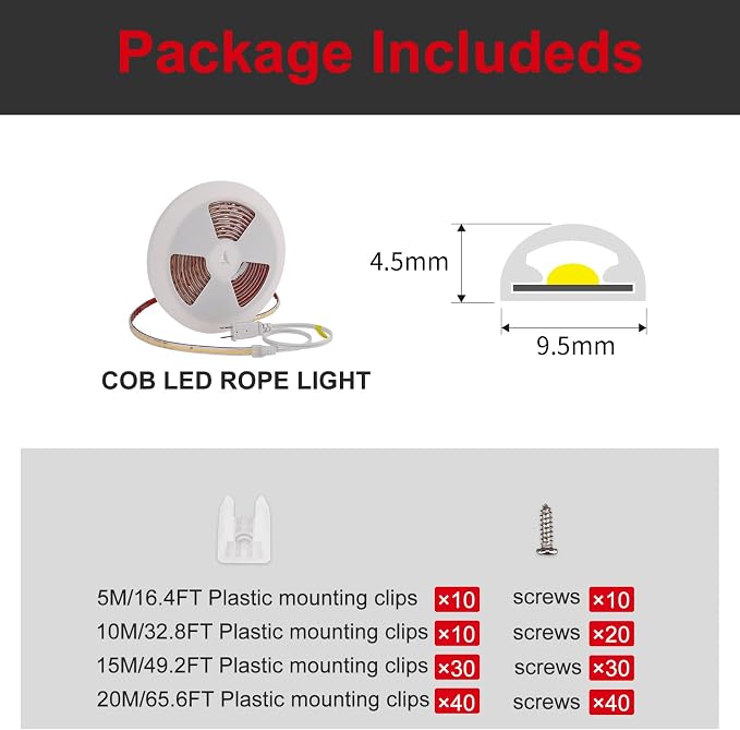 ETL COB LED Rope Light IP65 AC 120V 16.4FT 1200lm Ultra Bright 3000K White | Waterproof Cold-Resistant ETL Light Strip No Driver Tape Lighting for Home Commercial LED Strip Light 3000K Warm White