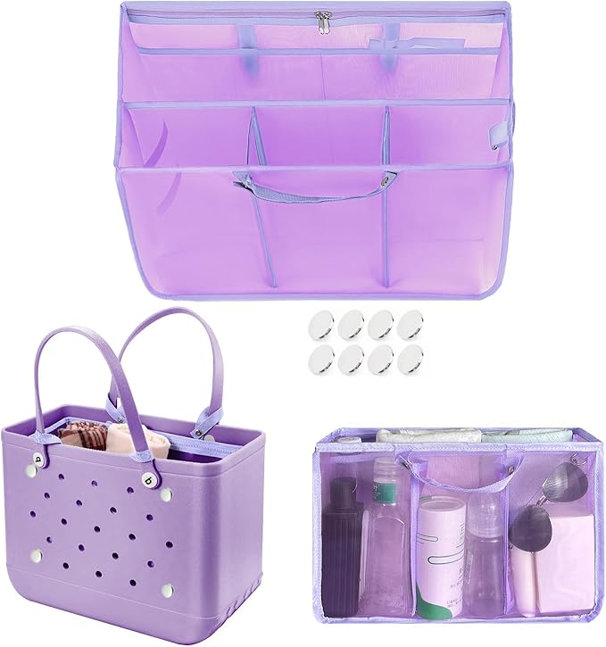 XYFuuee Beach Bag Organizer Inserts for Baby Medium Bogg Bag Accessories with 8 Removable Metal Fasteners, Lightweight Mesh Insert Divider Pouch, Organizing Rubber Tote, Save Storage Space, Purple M