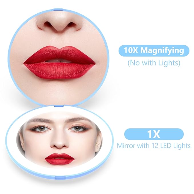 WOBSION Travel Compact Mirror,Portable 1x/10x LED Makeup Mirror with Magnification,Handheld 2-Sided Pocket Mirror, 3.5in Small Mirror for Purse,Handbag,Gifts,Blue