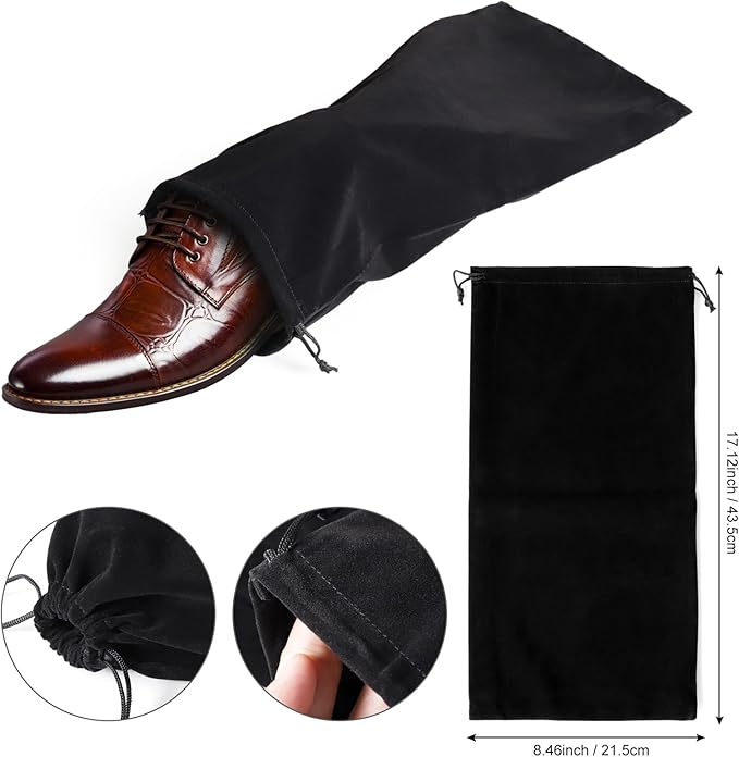 hoe Dust Bags, 4 Pack Black Duster Flannel Single Shoe Pouch with Drawstring Closure, 8x17" Shoe Bags for Travel, Home, Luggage, Handbags, Accessories, Men, and Women