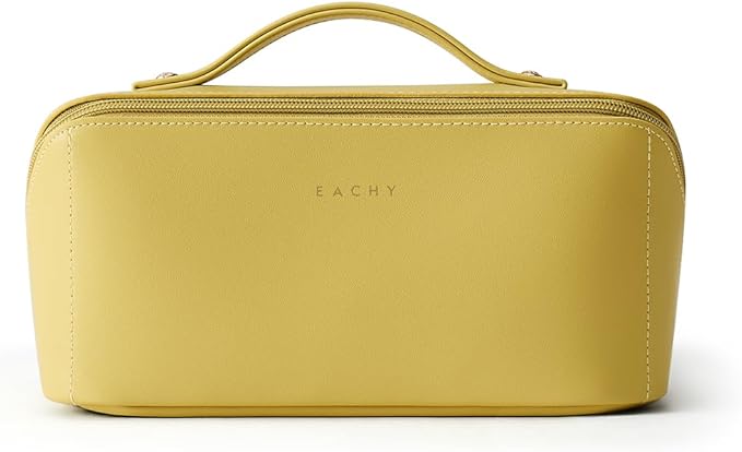 EACHY Travel Makeup Bag, Large Capacity Cosmetic Bag for Women, Waterproof PU Leather, Flat Open Portable Toiletry Bag for Skincare, Brushes & Travel Essentials