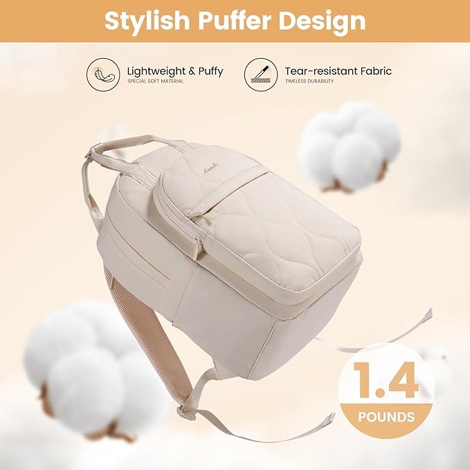 LOVEVOOK Laptop Backpack for Women, College Travel Backpack Puffer Womens Backpack for 15.6 Inch Laptop, Computer Water-Resistant Quilted Casual Daypack, Beige