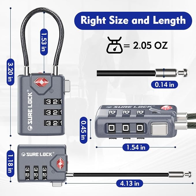 SURE LOCK TSA Approved Combination Luggage Locks with Open Alert Indicator – Durable Zinc Alloy Cable Travel Locks with Large Easy-Read Dials for Suitcases, Backpacks & Gym Bags(Grey 2 Pack)