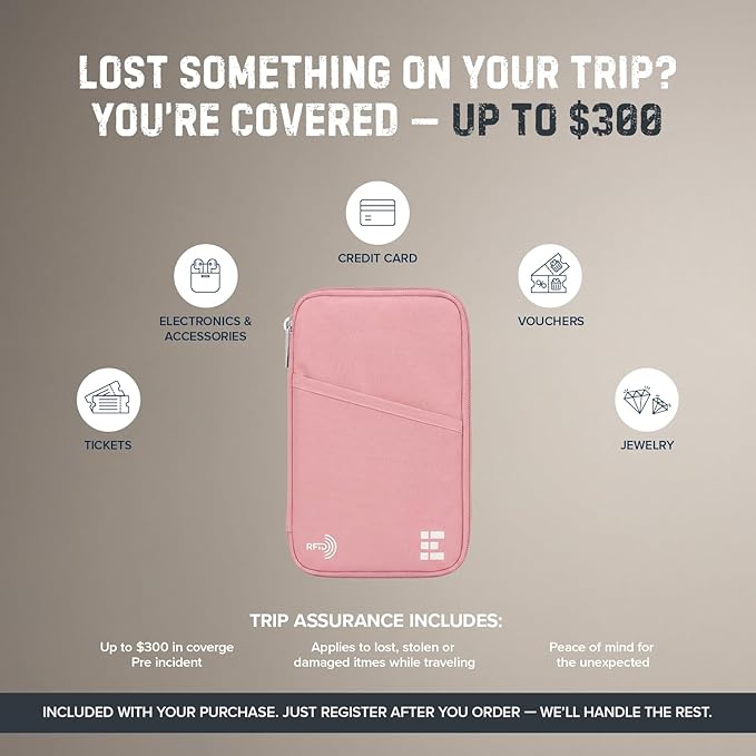 Zero Grid RFID Family Passport Holder for up to 6 Passports, Large Zippered Wallet for Men & Women, Fits Cards, Cash, ID, Sim Card; Premium & Compact Travel Document Holder - Rose Pink
