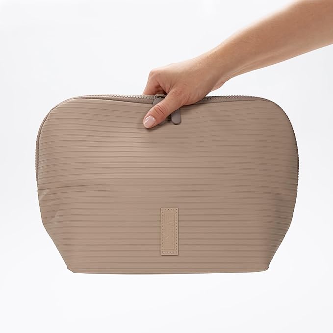 THE VERTI-Vertical Waterproof Makeup & Toiletry Bag | 23-Pocket Organizer with Upright, Fold-Down Design for Skincare, Toiletries & Essentials (Sandstone)