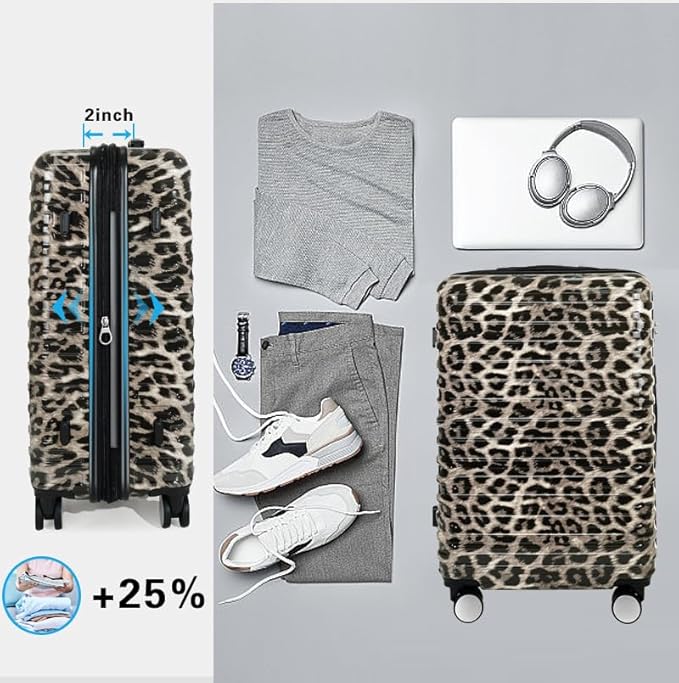 LARVENDER Luggage 6 Piece Expandable Luggage Hardshell PC+ABS Leopard Suitcase with Spinner Wheels TSA Lock, Lightweight Rolling Suitcase for Women, Cheetah Print