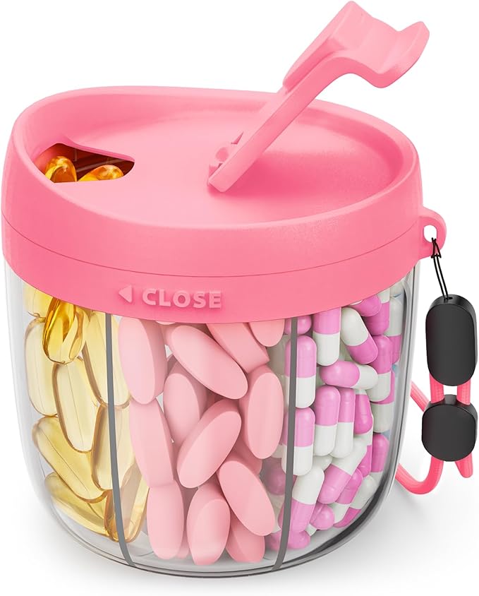 Cute Pill Dispenser with 7 Large Compartments, Portable Pill Bottle Organizer with Wide Opening for Easy Use, Anti-Mix Pill Organizer for Travel, BPA-Free Pill Container, Hot Pink