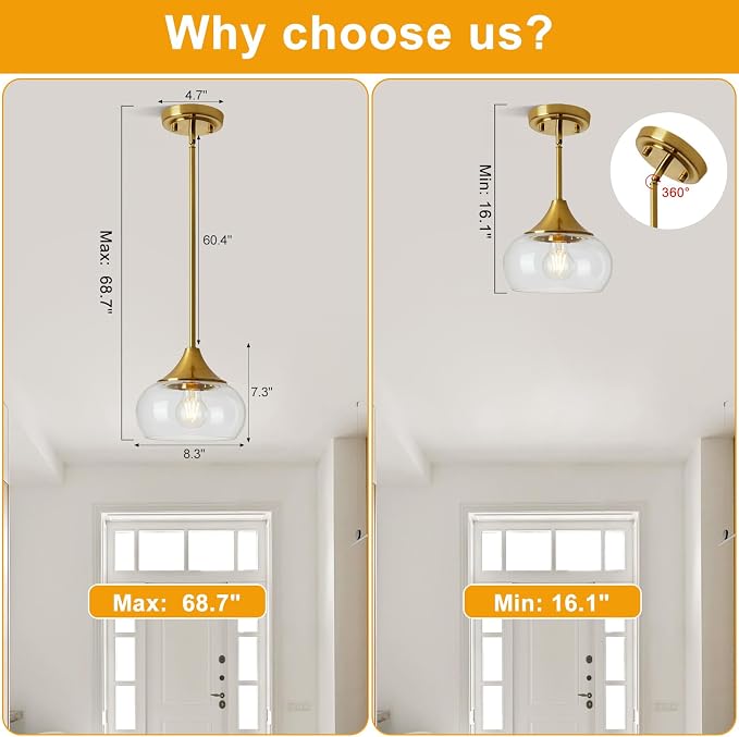 Modern Pendant Lights for Kitchen Island, Gold Pendant Light Fixtures with 8.5" Clear Glass Shade, Industrial Hanging Pendant Lights Fixture for Kitchen Island Dining Room Bedroom Entryway 1 Pack