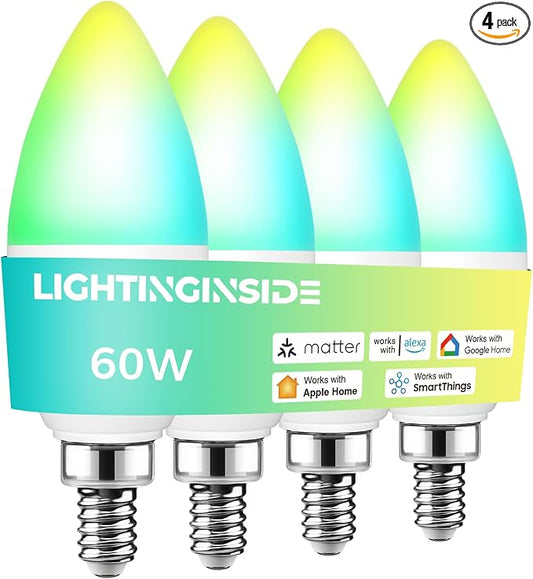 Matter Smart E12 LED Bulbs 60W, RGBCW Candelabra Light Bulbs | Compatible with Alexa/Apple Home/Google Home/SmartThings, 500LM 6W Candle Smart bulb ETL Listed 2.4G WiFi, Hub Required, 4PCS