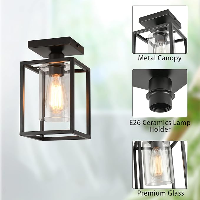 1 Pack Semi Flush Mount Black Metal Frame Ceiling Light with Clear Glass Shade, Farmhouse Fixture for Kitchen, Island, Entryway, Porch, Foyer, Dining Room