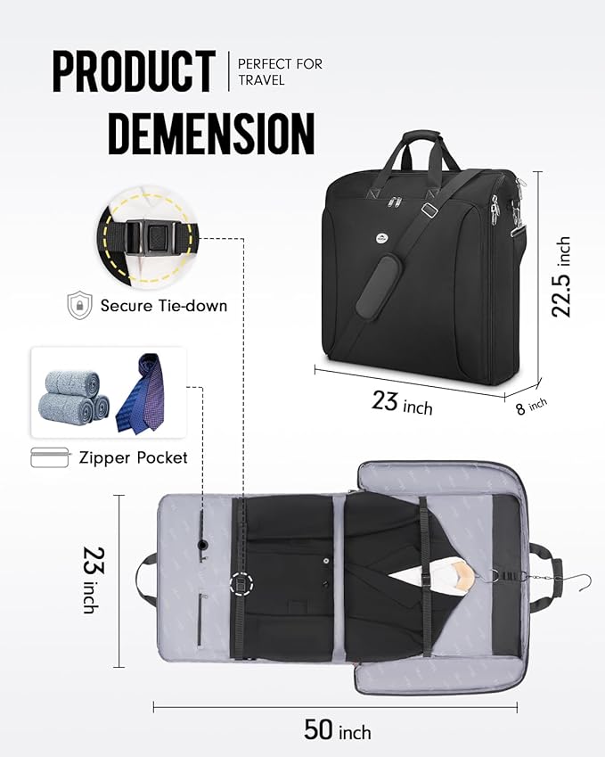 MATEIN Garment Bags for Travel, Large Double Layer Suit Bag Up to 6 Suits with Shoulder Strap, Foldable Carry On Garment Luggage for Hanging Clothes, Convertible Business Suitcase for Men Women, Black
