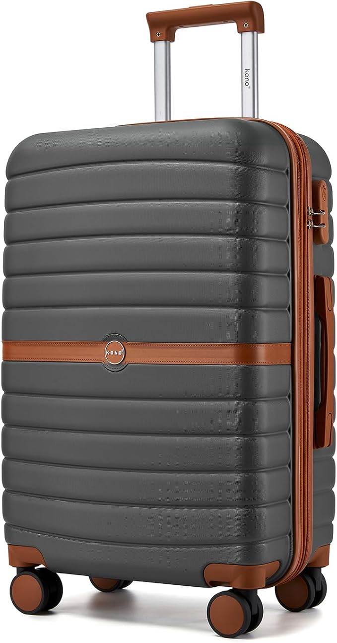 Kono Expandable 24 Inch Luggage with Spinner Wheels, Medium Checked Luggage with Lock, Lightweight & Anti-Scratch PC+ABS Hardshell Travel Suitcase, Grey/Brown