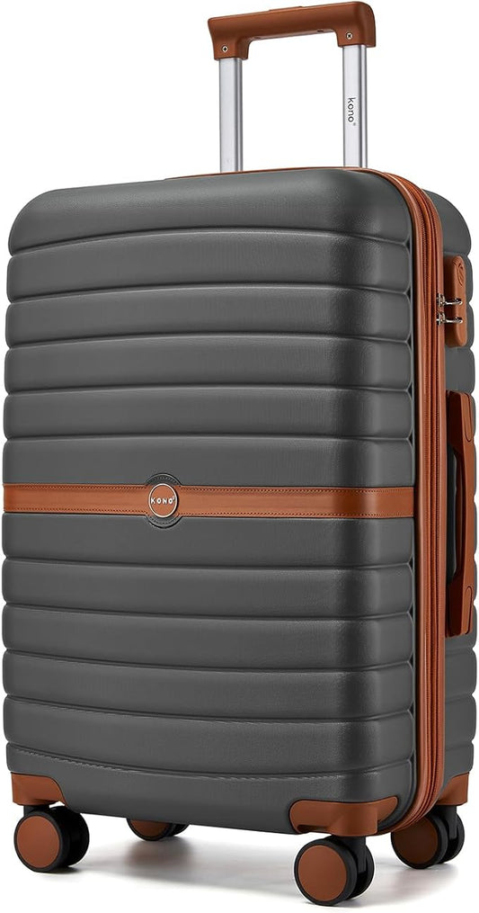 Kono Expandable 24 Inch Luggage with Spinner Wheels, Medium Checked Luggage with Lock, Lightweight & Anti-Scratch PC+ABS Hardshell Travel Suitcase, Grey/Brown