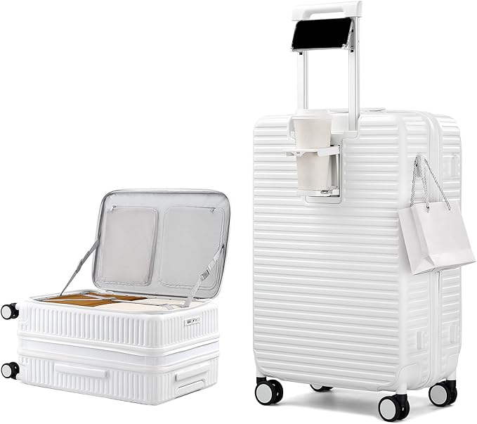 HanTrip Hard Shell Suitcases 24 Inch Check in Luggage with Spinner Wheels Cup Holder, Lightweight Top Opening Expandable Luggage Hard Case Rolling Medium Checked Suitcase with Lock, White