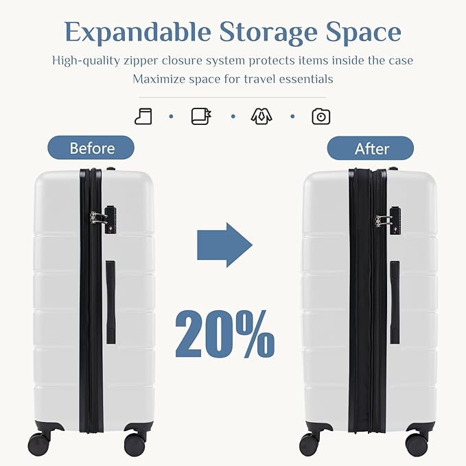 OLIXIS 3-Piece Suitcase Set, Hardside Luggages with Spinner Wheels, Lightweight ABS Hard Shell Travel Luggage, Expandable Carry-On Suitcase with TSA Approved Lock–White(20+24+28 Inch)