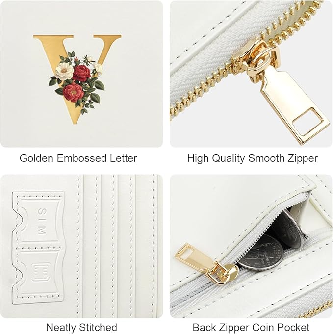 Passport Holder for Travel Personalized Passport Holder Initial Letter Rose Flower RFID Blocking Travel Wallets Credit Cards Holder for Women Men, White V