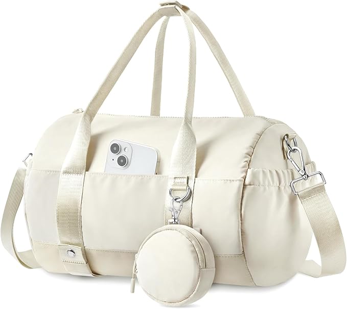 TOPEAST Small Gym Bag for Women with Yoga Mat Holder, Small Sports Duffle Bag Mini Gym Tote Bag with Water Bottle Pocket & Coin Purse for Weekender Travel Dance Workout, Beige