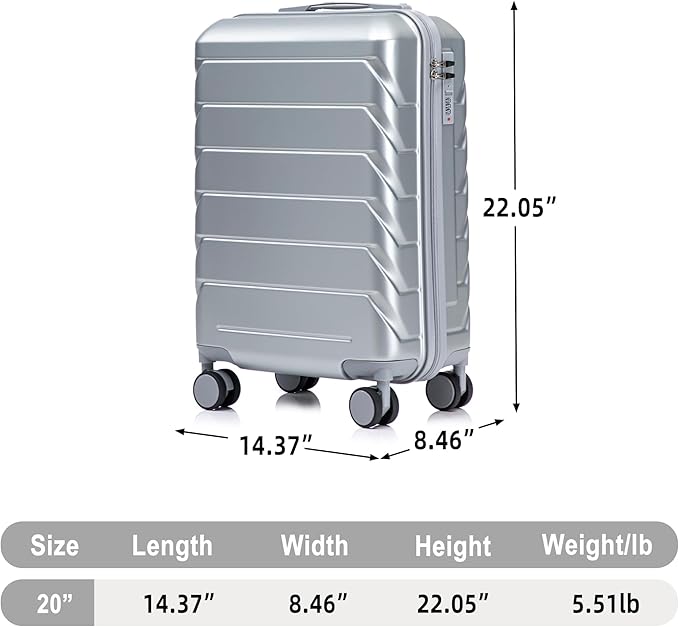 20 Inch Carry On Luggage, Lightweight ABS Hard Shell Suitcase with Spinner Wheels, Durable Travel Luggage with Combination Lock & Side Hooks for Men Women, Silver
