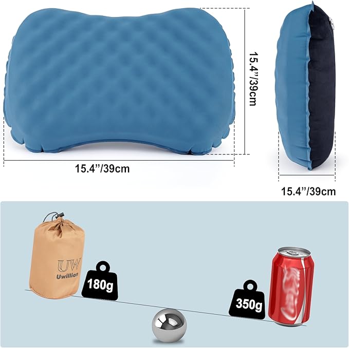 Camping Pillow with Ice Silk Memory Foam Cover - Ultralight Inflatable Pillow for Camping Lightweight, Ergonomic and Washable for Camping, Hiking, and Travel Blue