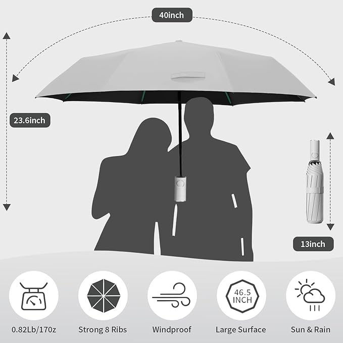 Compact Automatic Folding Travel Umbrella-Windproof Rainproof, PF50+ Sun Protection for Hiking,Outdoor,Chool,Golf Course & Daily Use,Sturdy Multi-Ribbed Frame