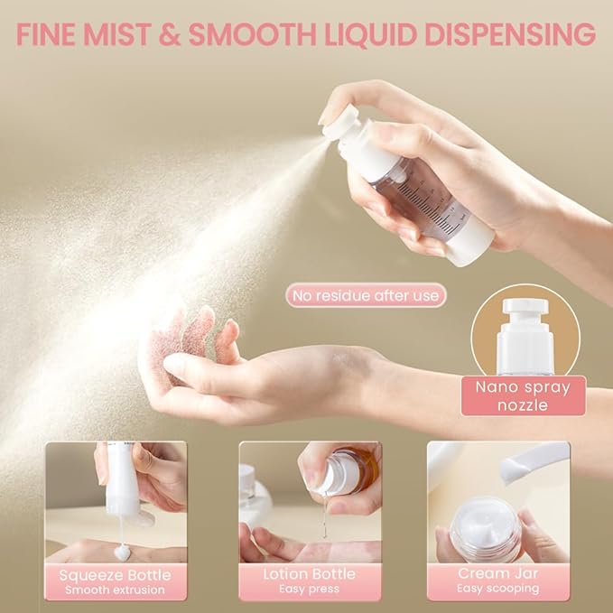 Travel Bottles Kits 7 Pcs , TSA Approved Leak Proof Toiletry Container Set, Graduated Vaccumn atomizer and Lotion Bottle, Squeeze Bottle, Transparent Cream Jar, for Shampoo Lotion Cream Cosmetic