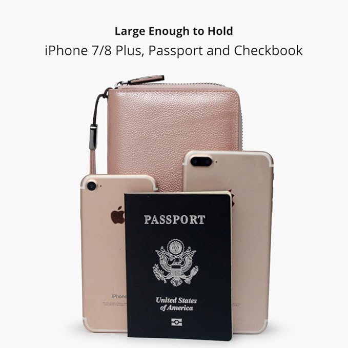 Bveyzi Women RFID Blocking Wallet Leather Zip Around Phone Clutch Large Capacity Ladies Travel Purse Wristlet | RFID Blocking, Zip Around, Large Capacity