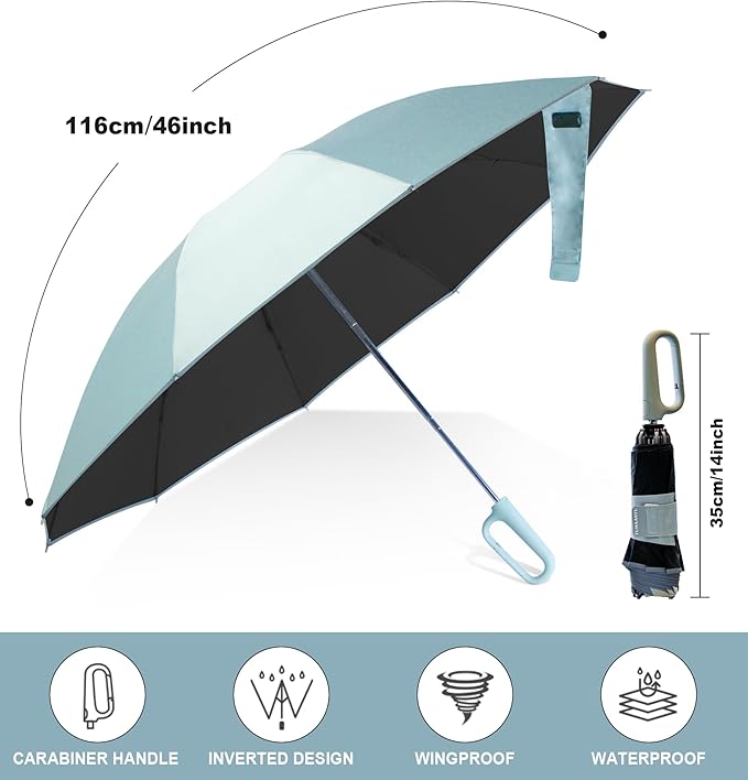 QWB TUMAAOTU Inverted Umbrella with Carabiner Handle, Compact Wind Proof Umbrellas For Rain and Sun Protection, Portable Reverse Folding Umbrella, Car Umbrella for Women Men, 10 Ribs