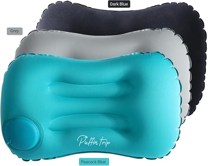 Ultralight Inflatable Travel Pillow Press to Inflate Compressible Neck and Lumbar Support While Camping Driving Sleeping Dark Blue